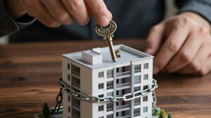 Рука отодвигает ключ от макета квартиры с цепью, чтобы законно отказаться наследства ипотекой 2026
